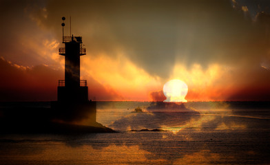 등대가 보이는 일출 풍경