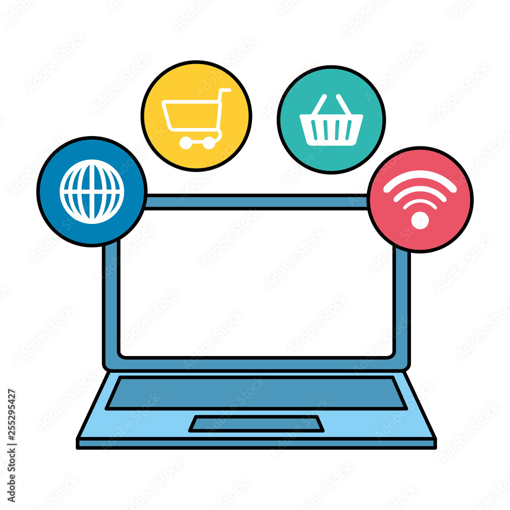 Poster laptop computer with ecommerce icons