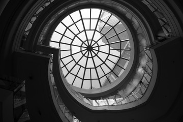 Black and white photography of  dome ceiling perspective from low angle view