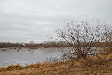 Yellow landscape in autumn cloudy day with yellow grass, a lake and a village on the other side