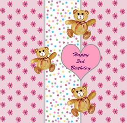 Happy 3rd birthday Cute teddy bears greeting card illustration