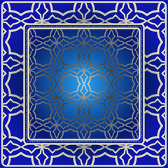 Obraz premium Decorative Colorful Geometric Ornament With Decorative Border. For Fashion Print, Bandanna, Tablecloth, Neck Scarf. Blue silver color