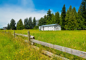 Wooden fence along the farm land with high grass. Livestock farm building on sunny day in British Columbia