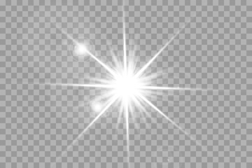 Glow isolated white transparent light effect set, lens flare, explosion, glitter, line, sun flash, spark and stars. 