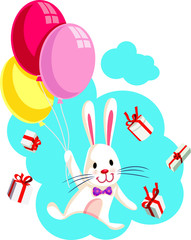 Bunny Flying with Balloons  Surrounded by Gifts