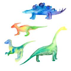  watercolor dinosaurs green yellow blue on a white background
