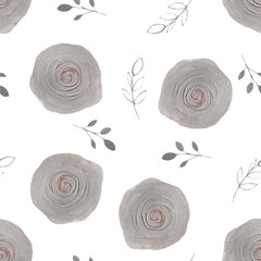  pattern of silver, gold, bronze roses with leaves sprigs on a white background.