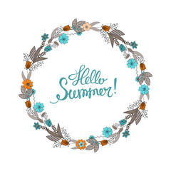 floral frame with blue and beige doodle flowers