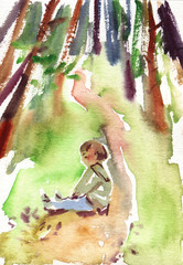 Obraz na płótnie Canvas Watercolor illustration. The child in the forest.