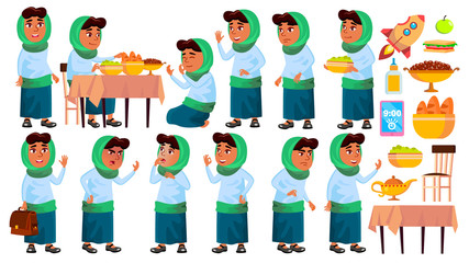 Arab, Muslim Girl School, Girl Kid Poses Set Vector. Primary School Child. Teaching, Educate, Schoolkid. Design. Isolated Cartoon Illustration