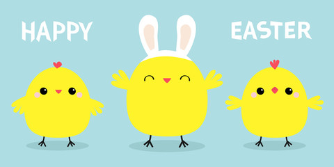 Happy Easter. Chicken bird set line. Face head wearing rabbit bunny ears band. Cute cartoon funny kawaii baby character. Friends forever. Flat design. Greeting card. Blue pastel color background.