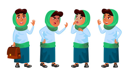 Arab, Muslim Girl Set Vector. Primary School Child. Education. Educational, Auditorium, Lecture. For Card, Advertisement, Greeting Design. Isolated Cartoon Illustration