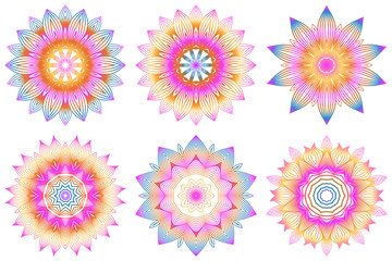 Set of Design With Floral Mandala Ornament. Vector Illustration. For Coloring Book, Greeting Card, Invitation, Tattoo. Anti-Stress Therapy Pattern. Rainbow color