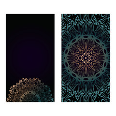 Vintage Cards With Floral Mandala Pattern. Vector Template. The Front And Rear Side. Dark green color