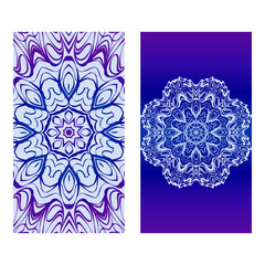 Vintage Cards With Floral Mandala Pattern. Vector Template. The Front And Rear Side. Blue, purple silver color