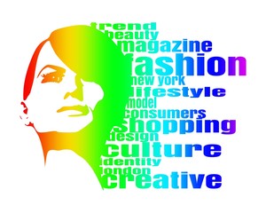 Face front view. Elegant silhouette of a female head. Multicolor Illustration. Fashion Relative Keywords Cloud