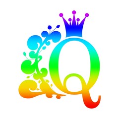 Vintage royal emblem with Q letter silhouette decorated by floral pattern. Medieval queen crown. Fashion branding emblem