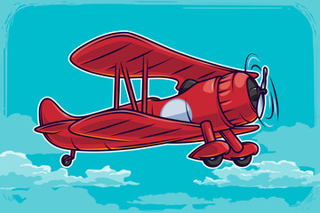 Vector vintage airplane illustration and blue clouds background © gleb_guralnyk