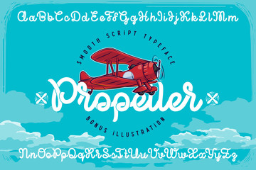 Set of smooth script font named "Propeller" with red vector airplane illustration and blue clouds background © gleb_guralnyk