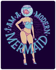 Funny vector illustration with beautiful female body with fish aquarium instead of head with lettering quote 