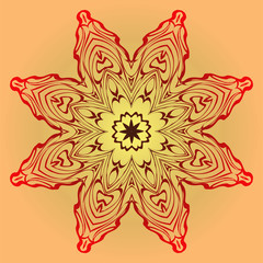 Hand-Drawn Ethnic Mandala. Circle Lace Ornament. Vector Illustration. For Coloring Book, Greeting Card, Invitation, Tattoo. Red, orange sunrise color