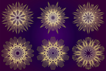 Set of Ethnic Ornamental Mandala. Decorative Design Element. Vector Illustration. Purple gold color