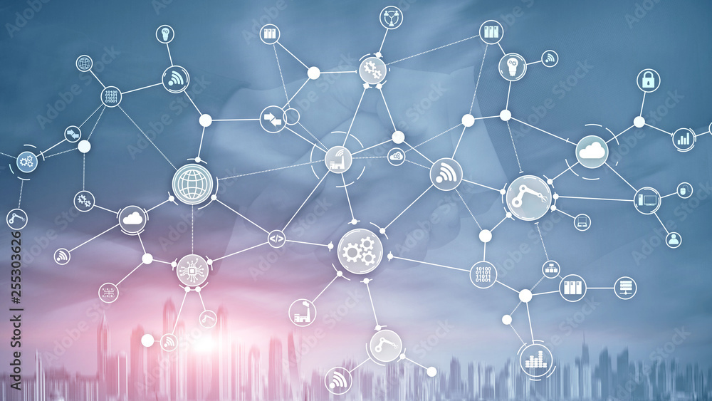 Poster technology industrial business process workflow organisation structure on virtual screen. iot smart 