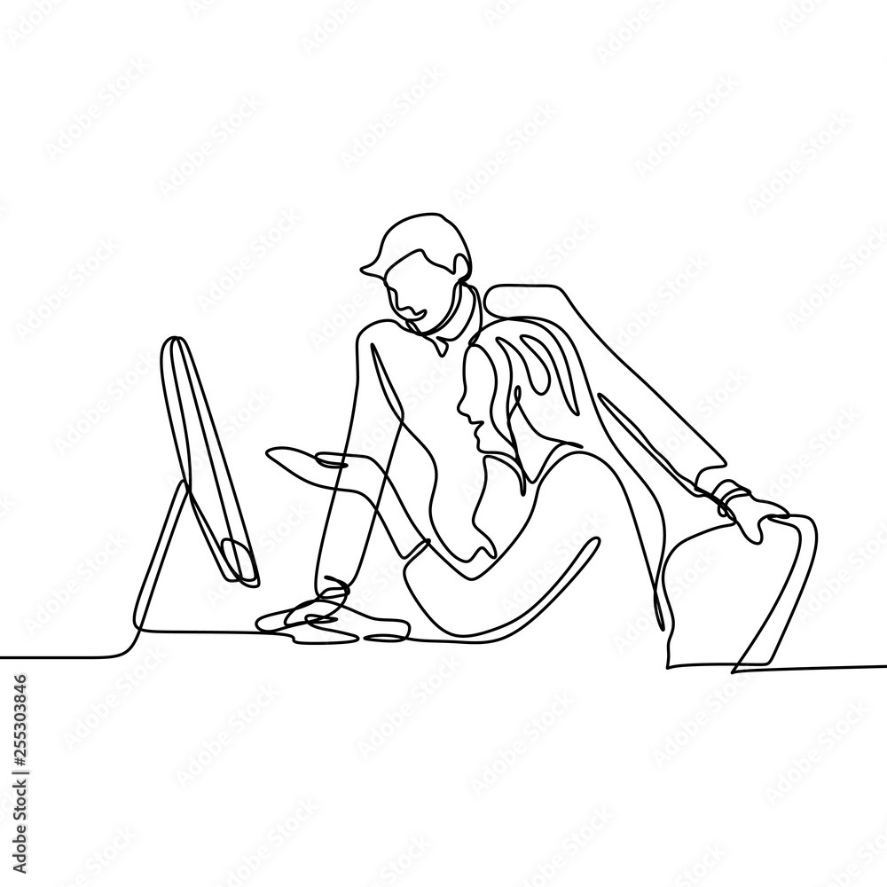 Poster man and girl doing work and discussion for project with a computer. one continuous line drawing vect
