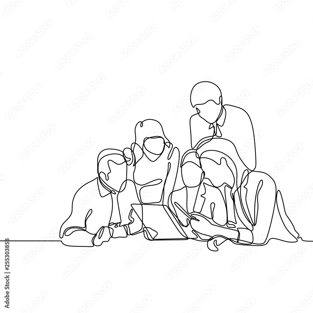 Poster group of office worker discussing a project. concept of team work continuous one line drawing vector