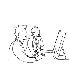 Man and girl doing work and discussion for project with a computer. One continuous line drawing vector illustration of two person in office for business company.