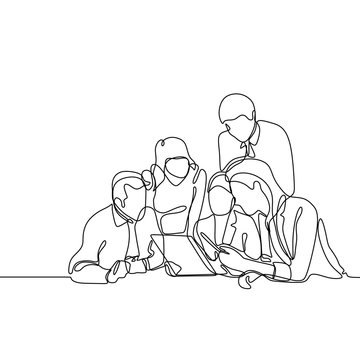 Group of office worker discussing a project. Concept of team work continuous one line drawing vector minimalist design.