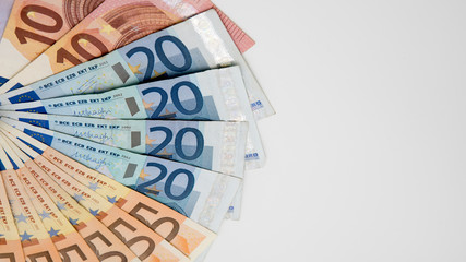 Euros bills of different values. Euro bill of twenty and fifty