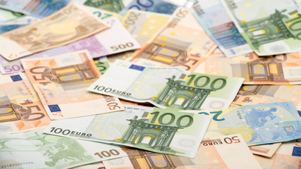 Euros bills of different values. Euro bill of one hundred