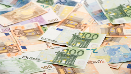 Fototapeta premium Euros bills of different values. Euro bill of one hundred