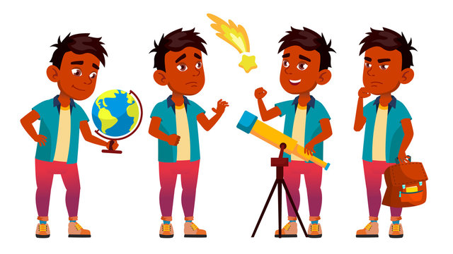 Indian Boy Schoolboy Set Vector. Primary School Child. Astronomy. Discover Planet. Student Activity. Educate. Kids, Positive. For Postcard, Announcement, Cover Design. Isolated Cartoon Illustration