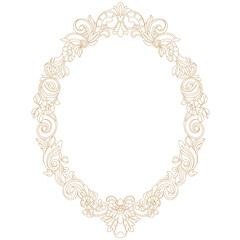 Golden vintage oval pattern frame in old style. Vector.