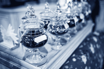 Toned BW photo of degustation tea in the store