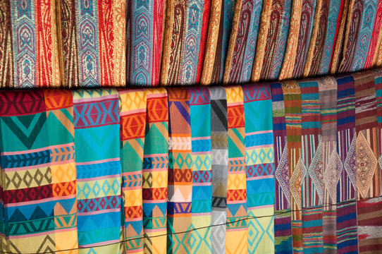 Chiang Rai Province Thailand, woven scarves for sale in local Karen long neck tribe village tourist market