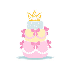 Cute three-tiered birthday cake in girlish style on white