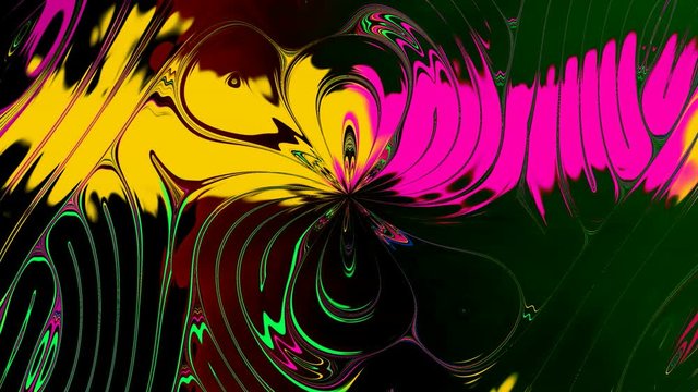 Abstract Changing Flower 2. The flower continuously changes its shape and bright saturated colors. It rotates slowly and flickering on the dark background.