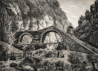 The bridge of Campo Dolcino at the foot of Splügen, Val San Giacomo - Illustration from 1848 - 255306233