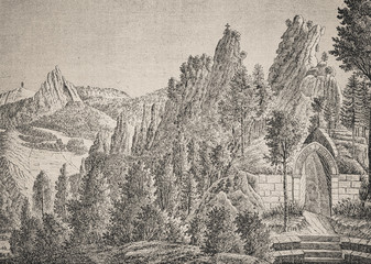 Fototapeta na wymiar The outer pantheon to Kleinskal, Malá Skála, Liberecký kraj, Pantheon, Vranov, - Illustration from 1848