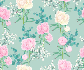 Seamless pattern with pink and white peonies