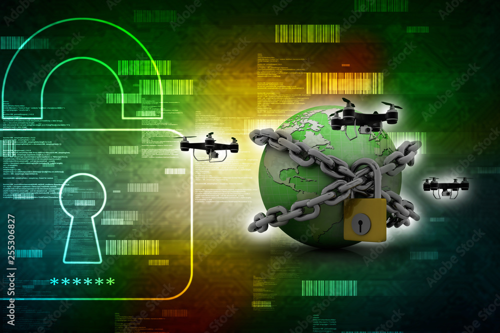 Poster 3d rendering drone or helicam with globe lock