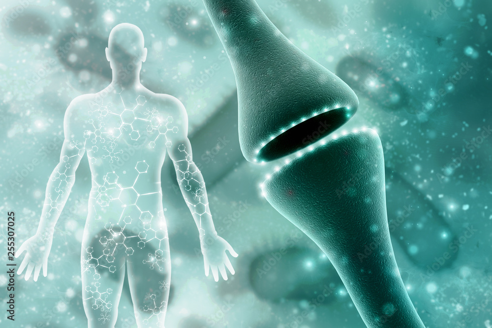 Poster synapse and neuron cells sending electrical chemical signals. 3d rendering