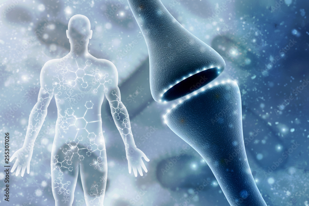 Poster synapse and neuron cells sending electrical chemical signals. 3d rendering