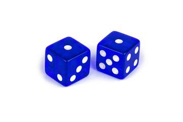 Two blue glass dice isolated on white background. One and one
