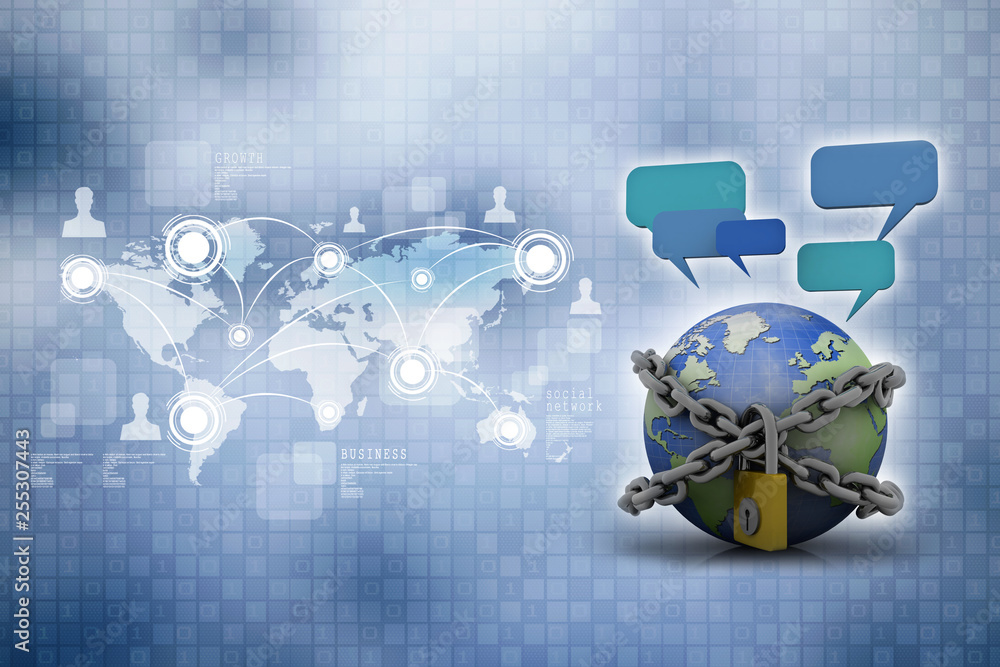 Poster 3d rendering chat box with globe lock
