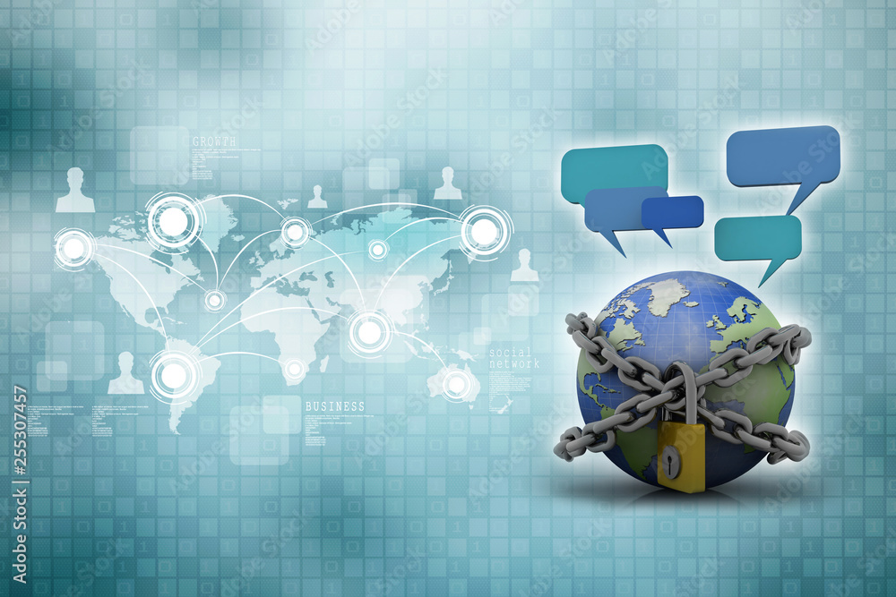 Poster 3d rendering chat box with globe lock