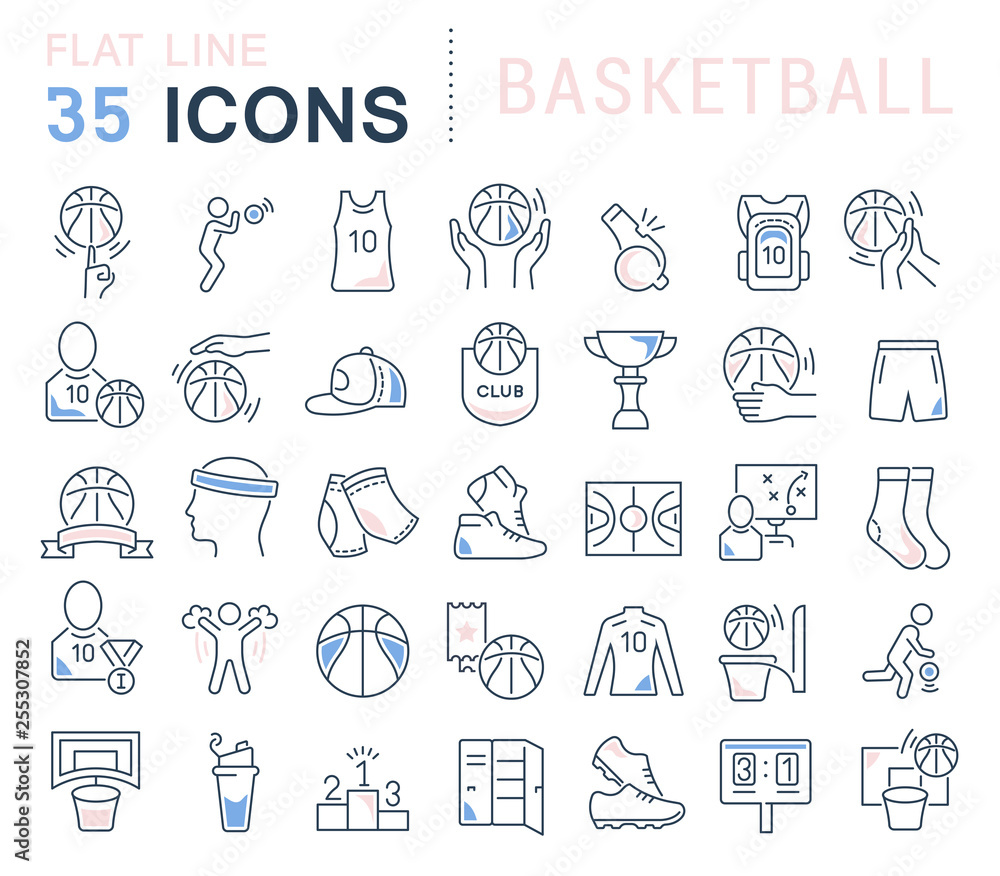 Sticker set vector line icons of basketball.